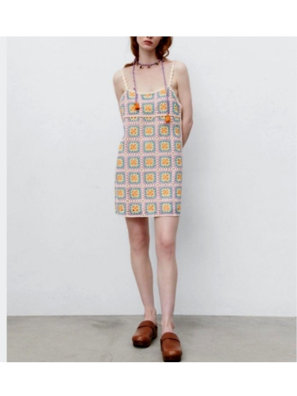 ZARA Crochet Square-Pattern Mini Dress in Multi Pastels